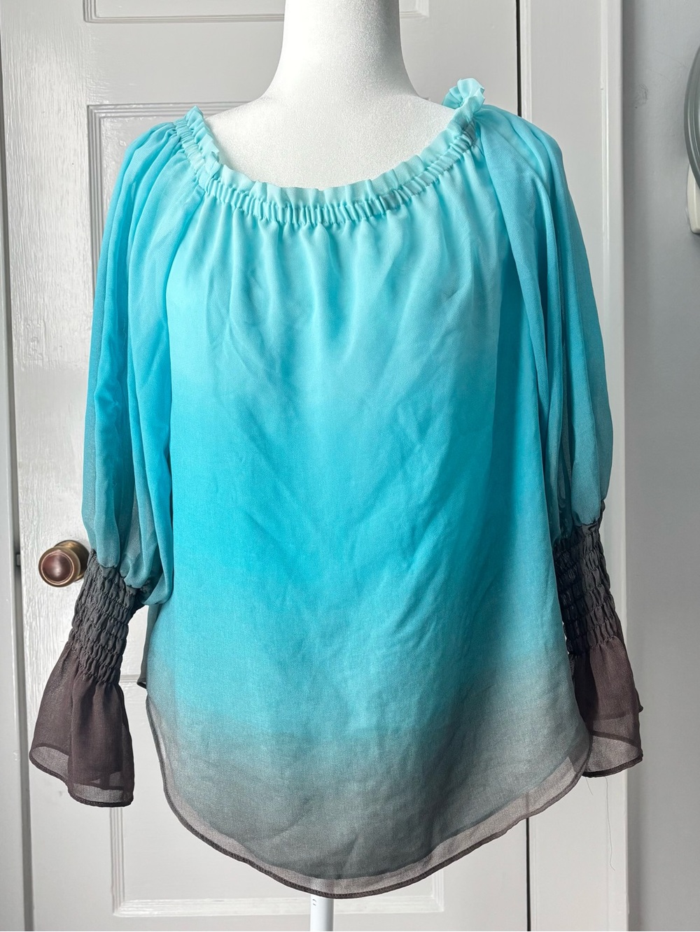 WHBM chiffon blouse, dip-dye effect hem, gorgeous ocean turquoise+gray color